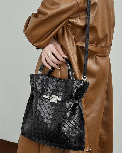 Women's Noir Woven Leather Buckle Tote Bag