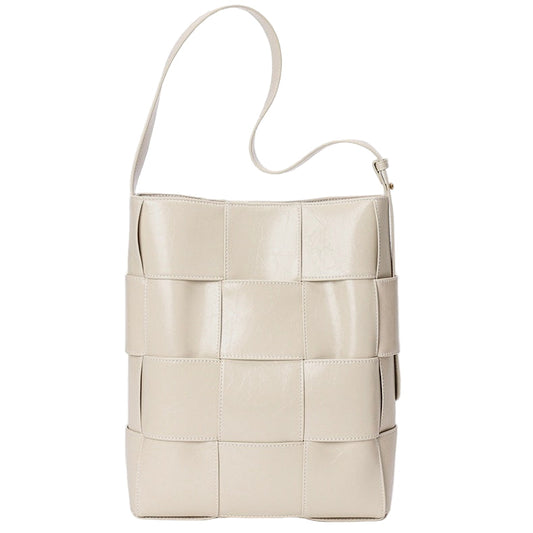 Beige Woven Leather Bucket Shoulder Bag