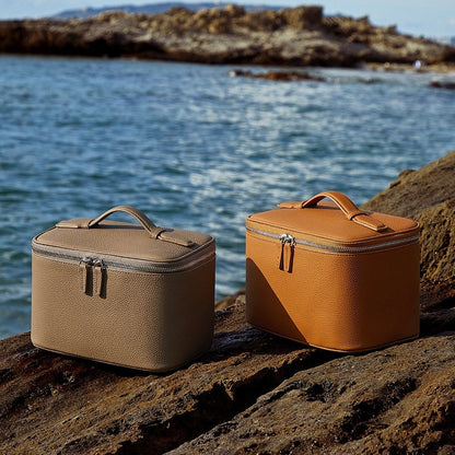 Genuine Leather Multi-Compartment Cosmetic Bag