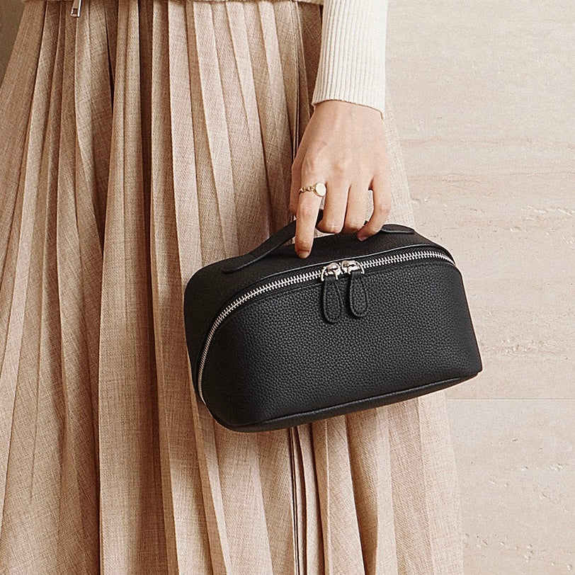 Textured Genuine Leather Top-Zip Vanity Clutch Bag