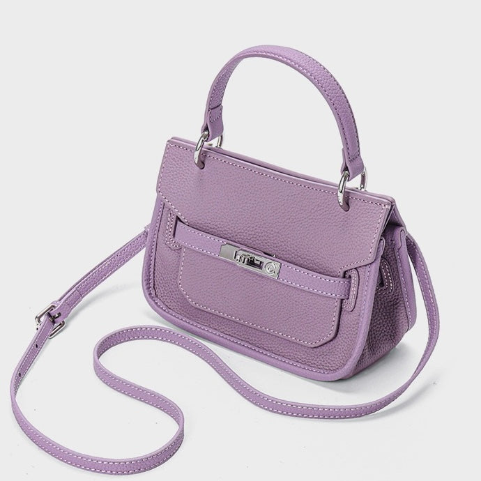 Purple Genuine Leather Mini Crossbody Bag with Lock Closure