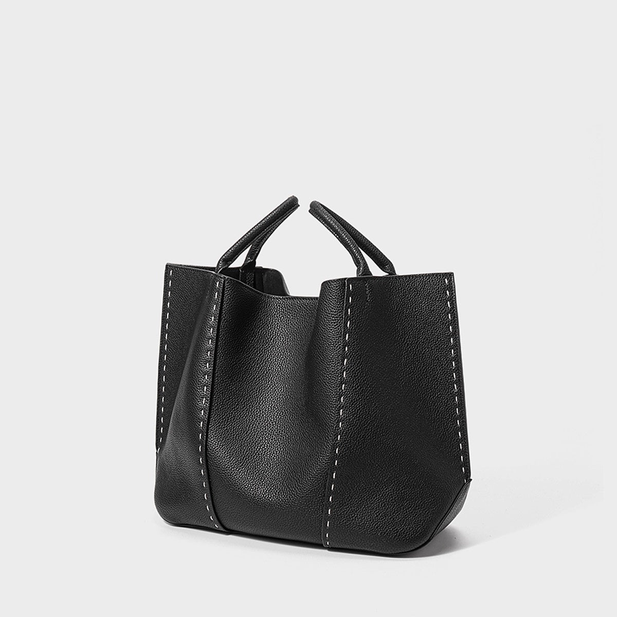 Contrast-Stitch Textured Genuine Leather Tote Bag
