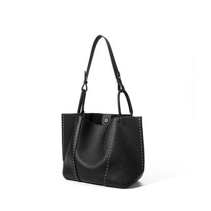 Contrast-Stitch Textured Genuine Leather Tote Bag