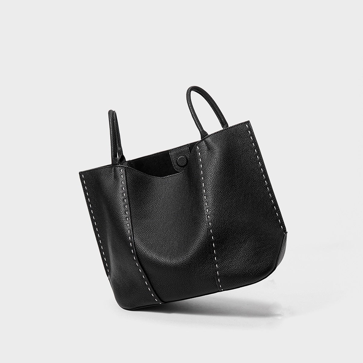 Contrast-Stitch Textured Genuine Leather Tote Bag