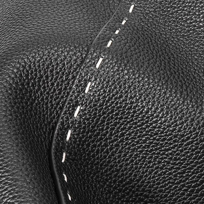 Contrast-Stitch Textured Genuine Leather Tote Bag