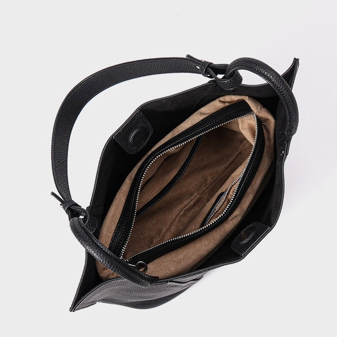 Contrast-Stitch Textured Genuine Leather Tote Bag