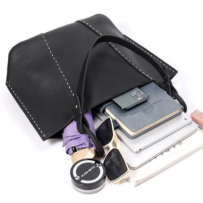 Contrast-Stitch Textured Genuine Leather Tote Bag