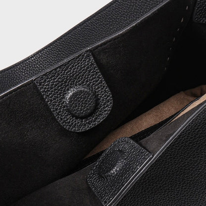 Contrast-Stitch Textured Genuine Leather Tote Bag