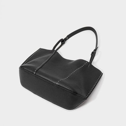 Contrast-Stitch Textured Genuine Leather Tote Bag