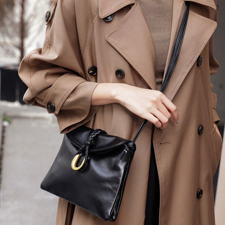 Luxury Braided Accent Envelope-Shaped Leather Crossbody Bag