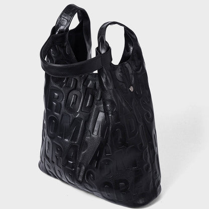 Black Genuine Leather Embossed Lettering Hobo Bag