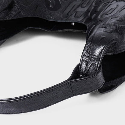Black Genuine Leather Embossed Lettering Hobo Bag