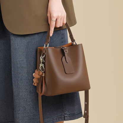 Coffee Genuine Leather Bucket Bag with Bear Charm