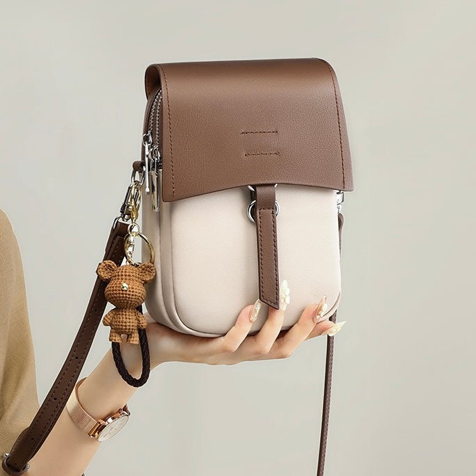 Color-Block Genuine Leather Mini Crossbody Phone Bag with Bear Charm