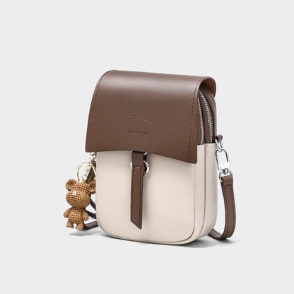 Color-Block Genuine Leather Mini Crossbody Phone Bag with Bear Charm