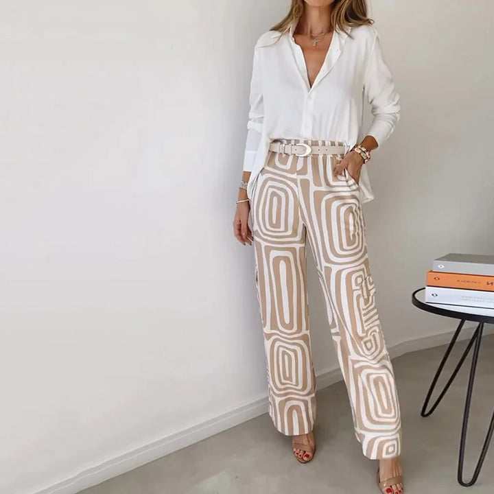 Women Two Piece Sets Pants Set Turn Down Collar Elegant Work Loose Casual Shirt Tops Elastic Waist Print Straight Long Pants