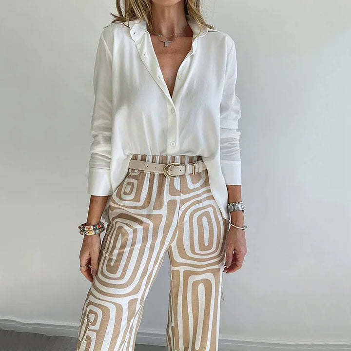 Women Two Piece Sets Pants Set Turn Down Collar Elegant Work Loose Casual Shirt Tops Elastic Waist Print Straight Long Pants