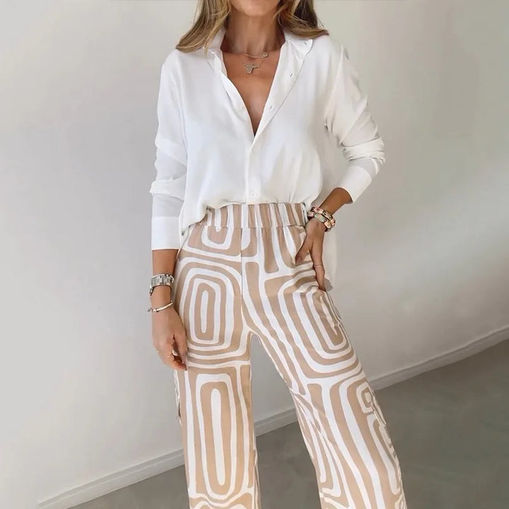 Women Two Piece Sets Pants Set Turn Down Collar Elegant Work Loose Casual Shirt Tops Elastic Waist Print Straight Long Pants