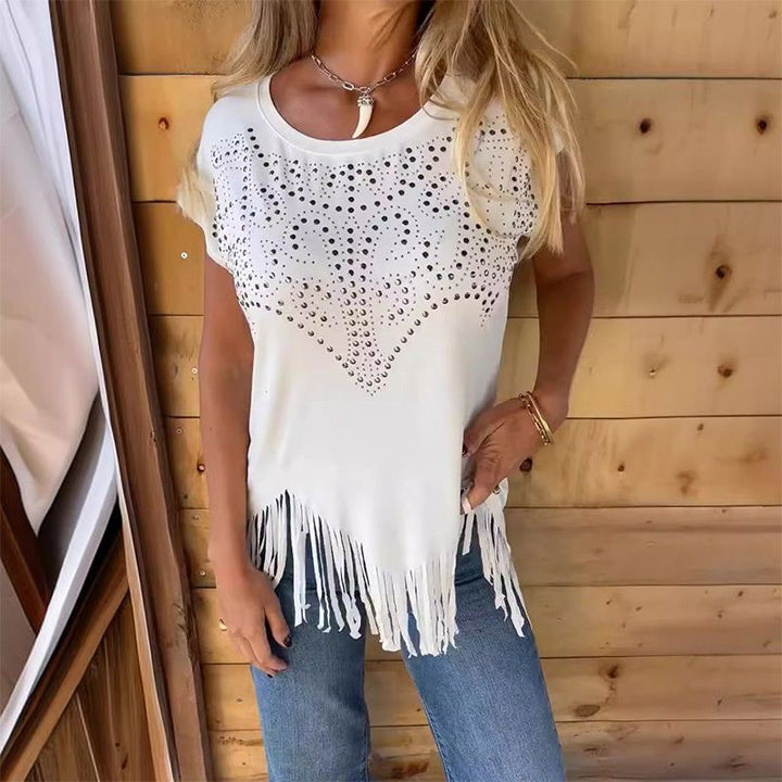 🔥HOT SALE 🔥Women's Solid Colour Short Sleeve T-shirt With Hot Print And Frayed Hem