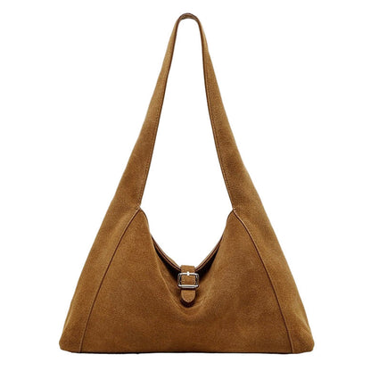 Structured Truffle Suede Shoulder Bag with Metal Buckle