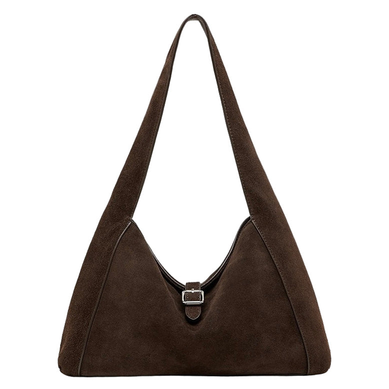 Structured Truffle Suede Shoulder Bag with Metal Buckle
