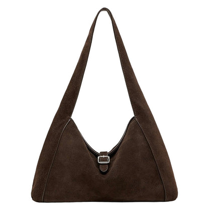 Structured Truffle Suede Shoulder Bag with Metal Buckle