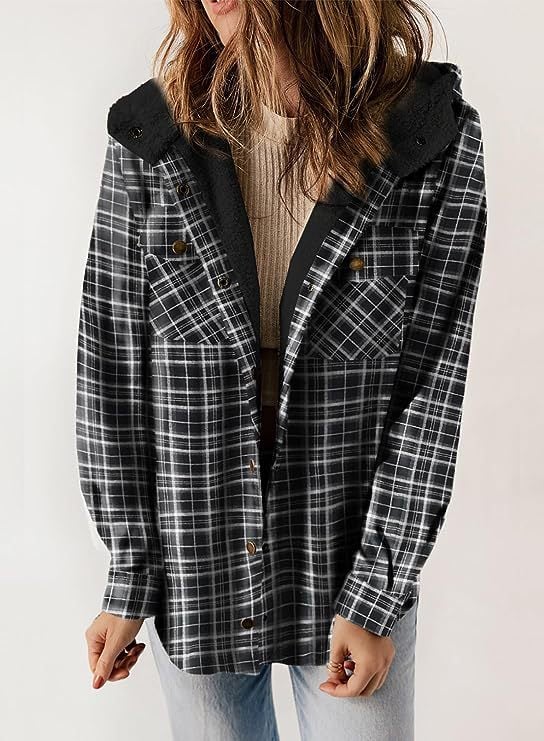 Women's Autumn/Winter Plaid Jacket Long Sleeve Buckle Hooded Jacket Warm Coat