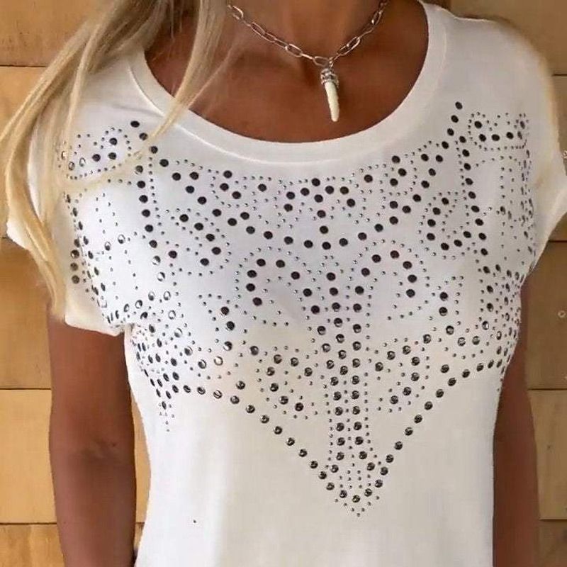 🔥HOT SALE 🔥Women's Solid Colour Short Sleeve T-shirt With Hot Print And Frayed Hem
