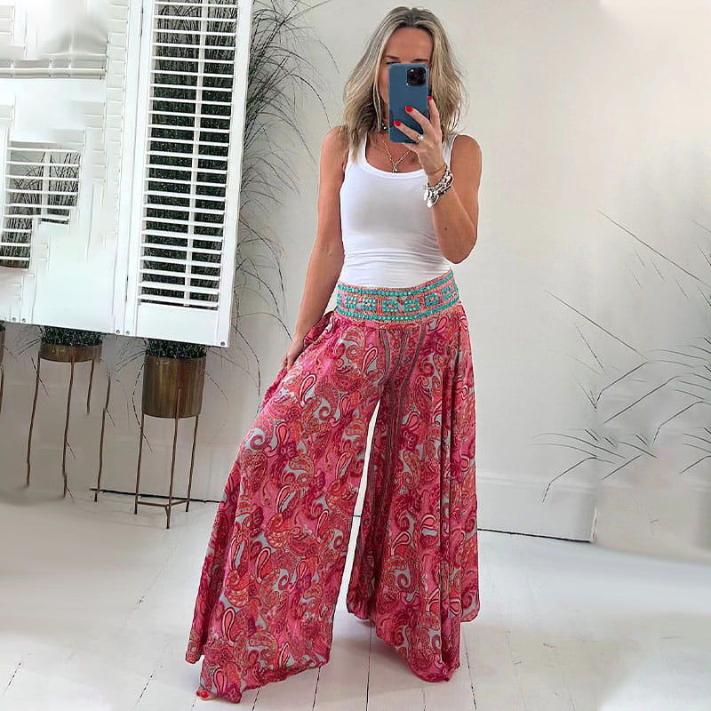 Elastic Waistband Pants with Ethnic Print