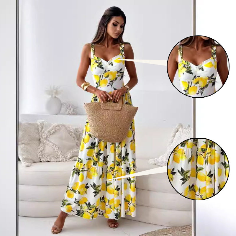 Women's Elegant Lemon Print Spaghetti Strap Flowy Long Dress