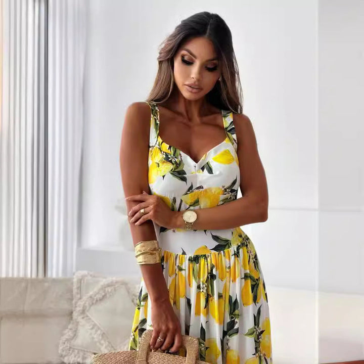 Women's Elegant Lemon Print Spaghetti Strap Flowy Long Dress