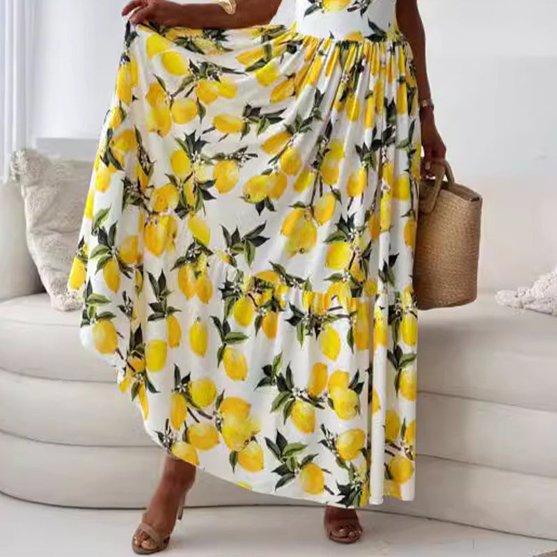 Women's Elegant Lemon Print Spaghetti Strap Flowy Long Dress