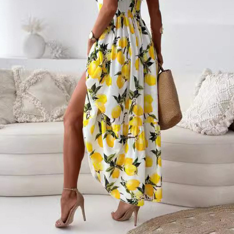 Women's Elegant Lemon Print Spaghetti Strap Flowy Long Dress
