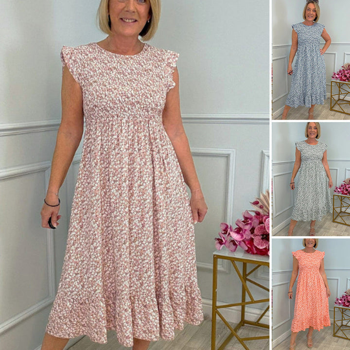 🎉🛍️Summer Hot Promotion 50% OFF💃Women's Elegant Floral Print High-Waisted Ruffle Cap Sleeve Dress