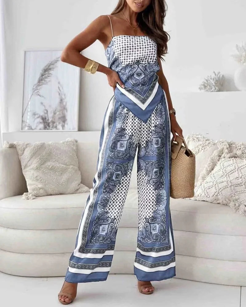 Stylish Printed Lace-Up Vest & Pants Two-Piece Set